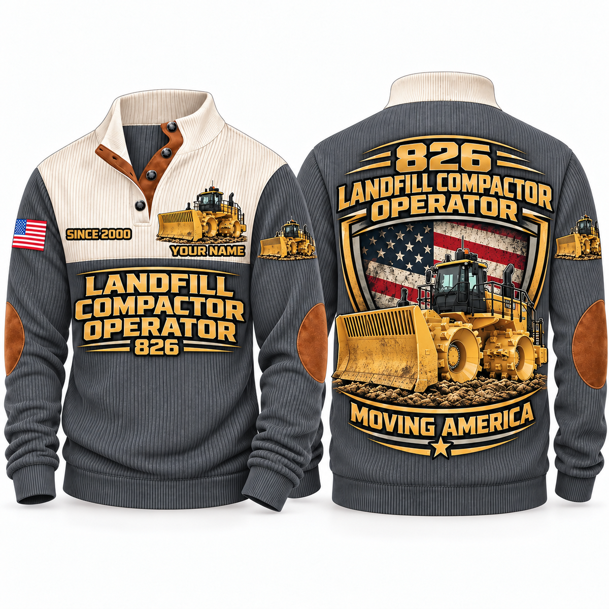 826 Landfill Compactor Operator Sports Sweatshirt in Grey, front and back views, sample YOUR NAME and SINCE 2000 personalization