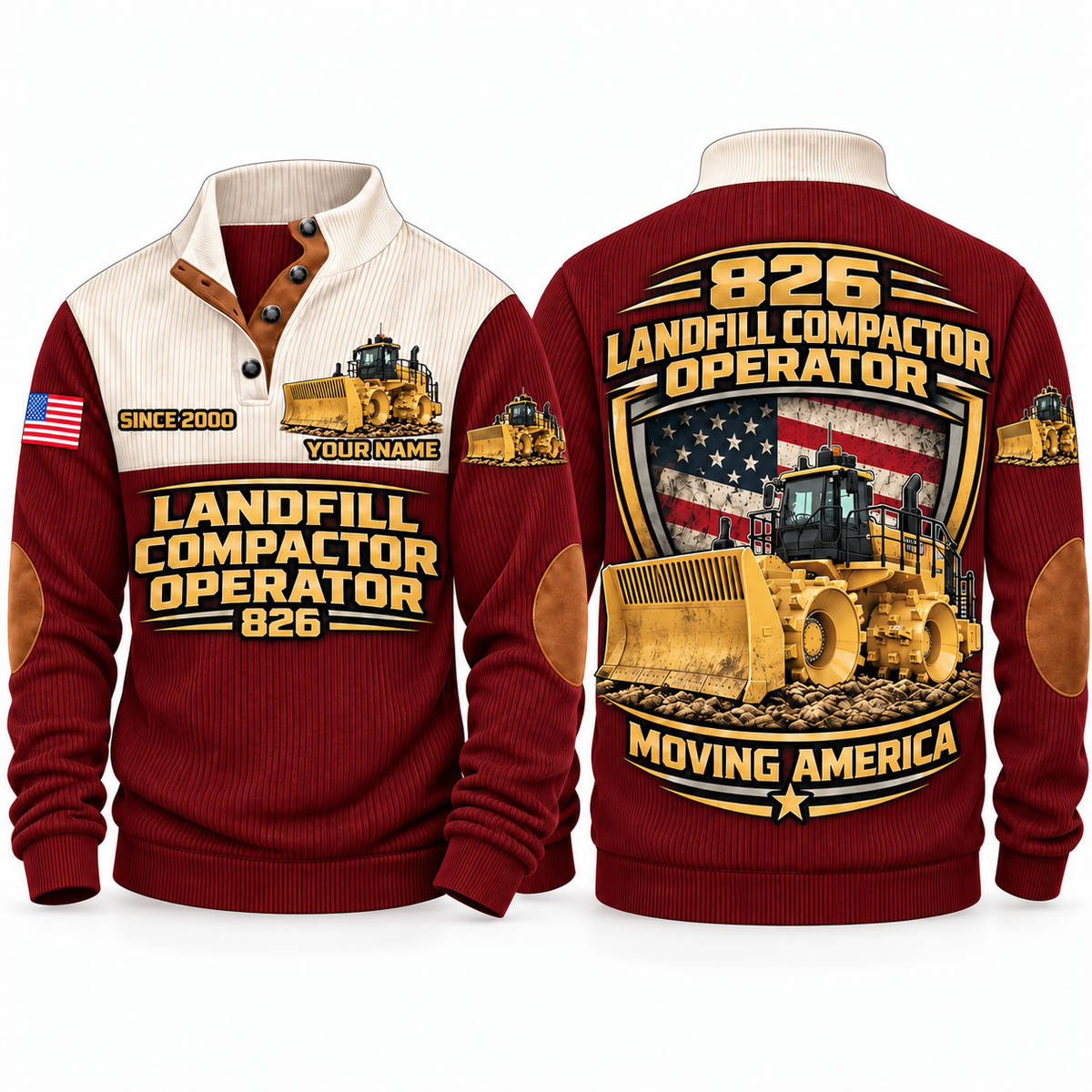 826 Landfill Compactor Operator Sports Sweatshirt in Jujube Red, front and back views, sample YOUR NAME and SINCE 2000 personalization