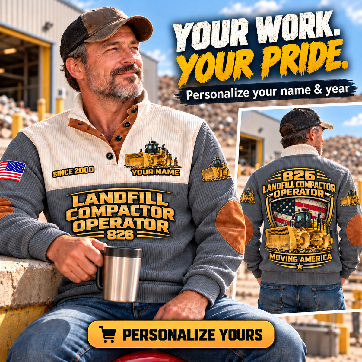 Personalized 826 Landfill Compactor Operator Sports Sweatshirt in Grey, dedicated lifestyle featured image showing front and back artwork, personalized YOUR NAME and SINCE 2000