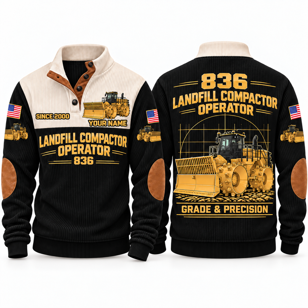 836 Landfill Compactor Operator Sports Sweatshirt in Black, front and back views, sample YOUR NAME and SINCE 2000 personalization