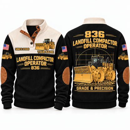 836 Landfill Compactor Operator Sports Sweatshirt in Black, front and back views, sample YOUR NAME and SINCE 2000 personalization