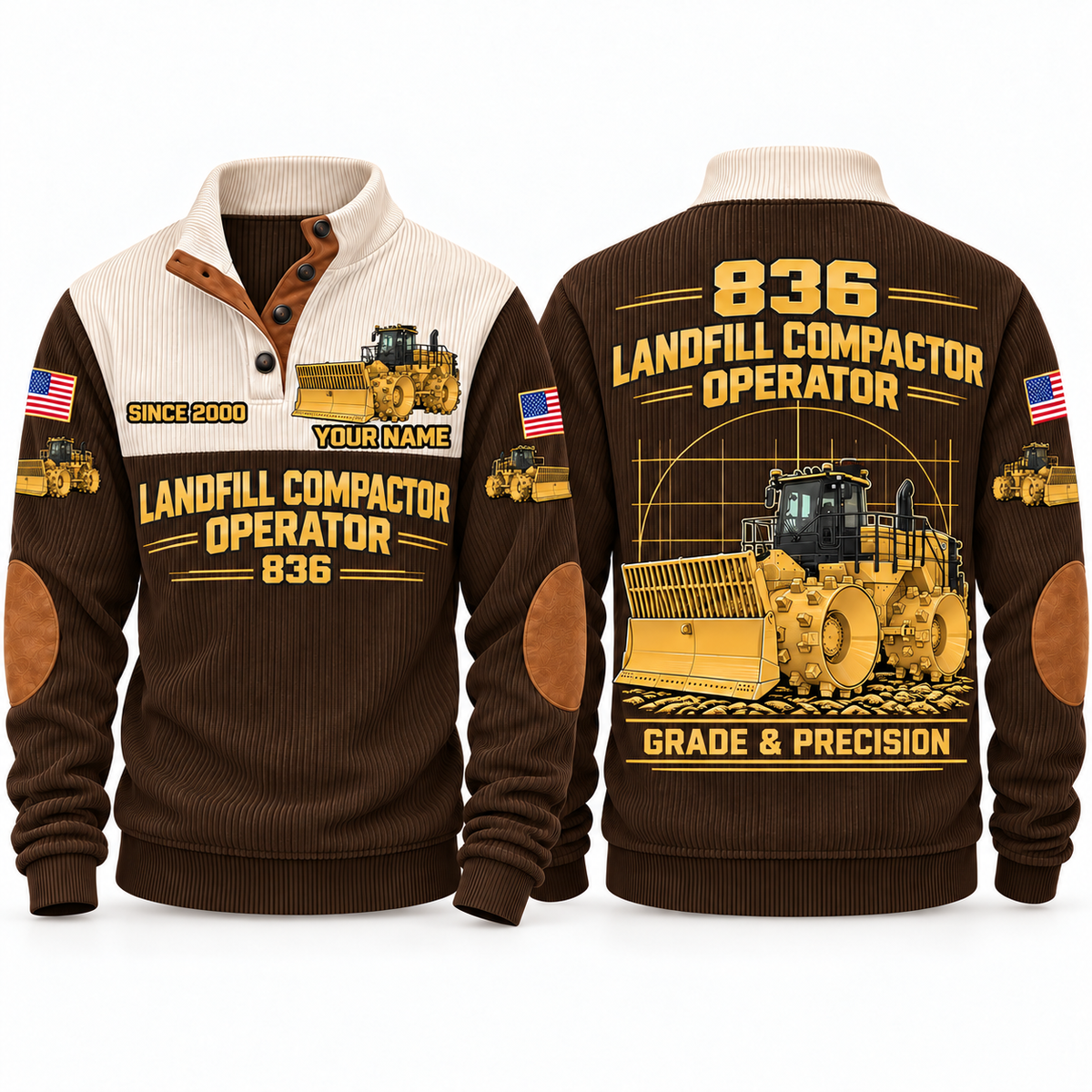 836 Landfill Compactor Operator Sports Sweatshirt in Brown, front and back views, sample YOUR NAME and SINCE 2000 personalization