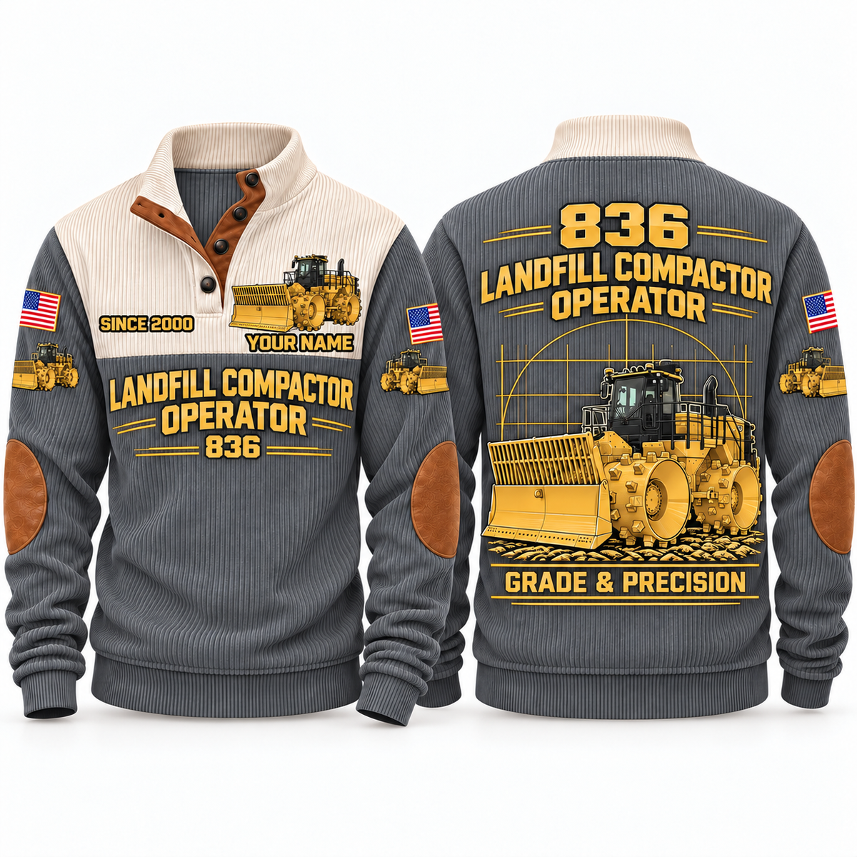 836 Landfill Compactor Operator Sports Sweatshirt in Grey, front and back views, sample YOUR NAME and SINCE 2000 personalization