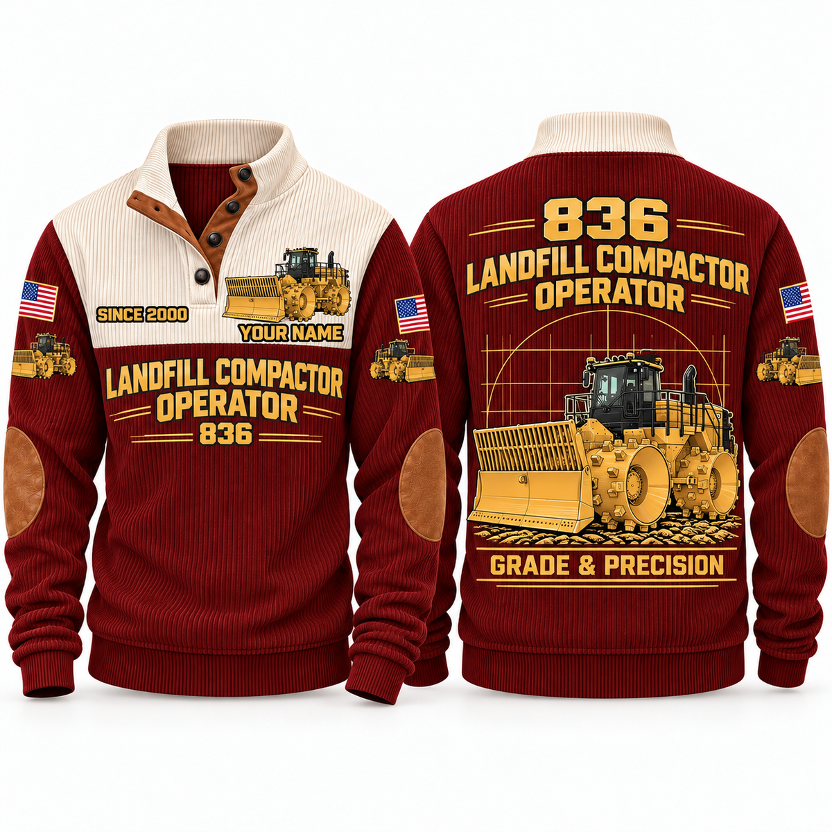 836 Landfill Compactor Operator Sports Sweatshirt in Jujube Red, front and back views, sample YOUR NAME and SINCE 2000 personalization
