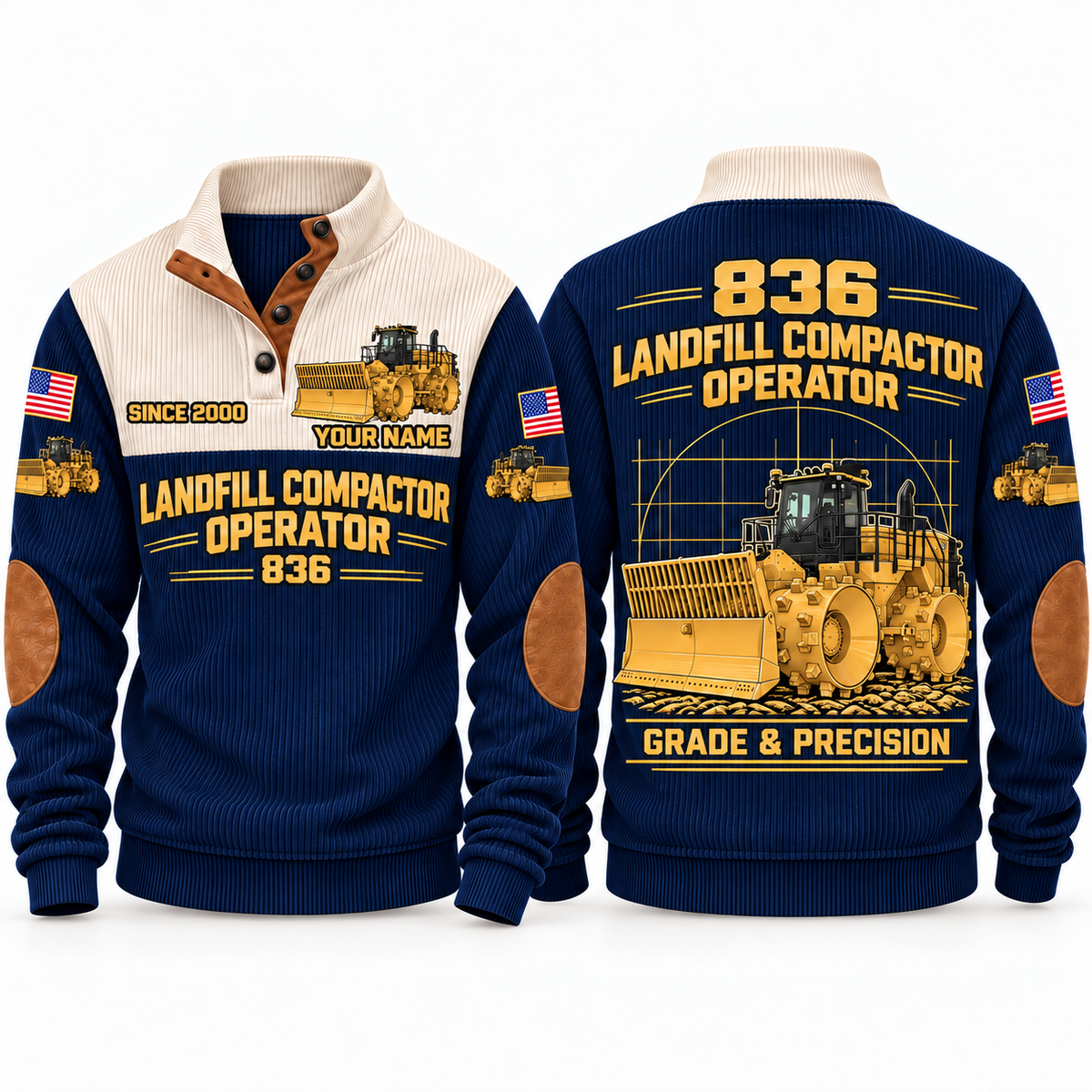 836 Landfill Compactor Operator Sports Sweatshirt in Navy, front and back views, sample YOUR NAME and SINCE 2000 personalization