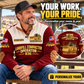 Personalized 836 Landfill Compactor Operator Sports Sweatshirt in Jujube Red, dedicated lifestyle featured image showing front and back artwork, personalized YOUR NAME and SINCE 2000
