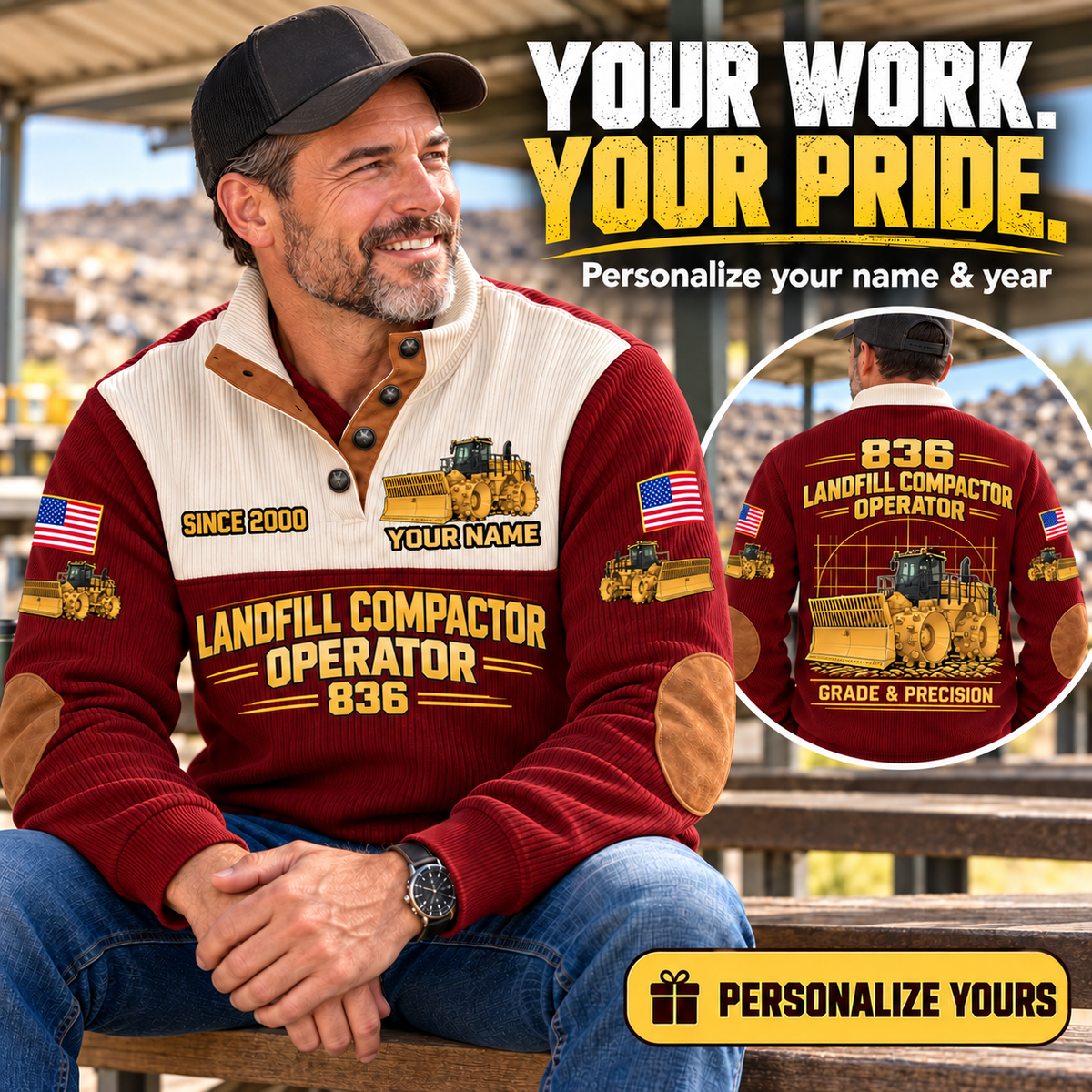 Personalized 836 Landfill Compactor Operator Sports Sweatshirt in Jujube Red, dedicated lifestyle featured image showing front and back artwork, personalized YOUR NAME and SINCE 2000