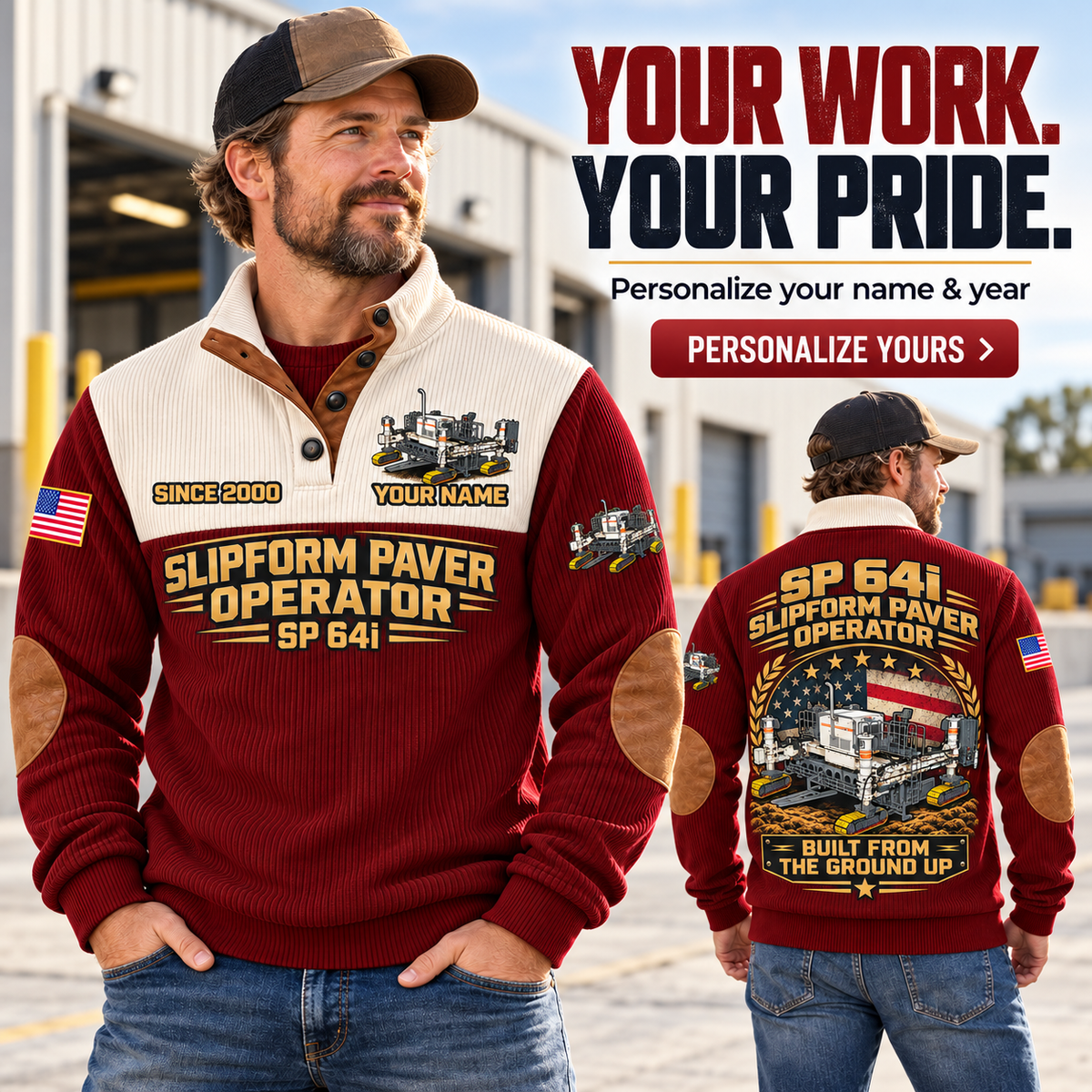 Personalized SP 64i Concrete Slipform Paver Operator Sports Sweatshirt in Jujube Red, dedicated lifestyle featured image showing front and back artwork, personalized YOUR NAME and SINCE 2000