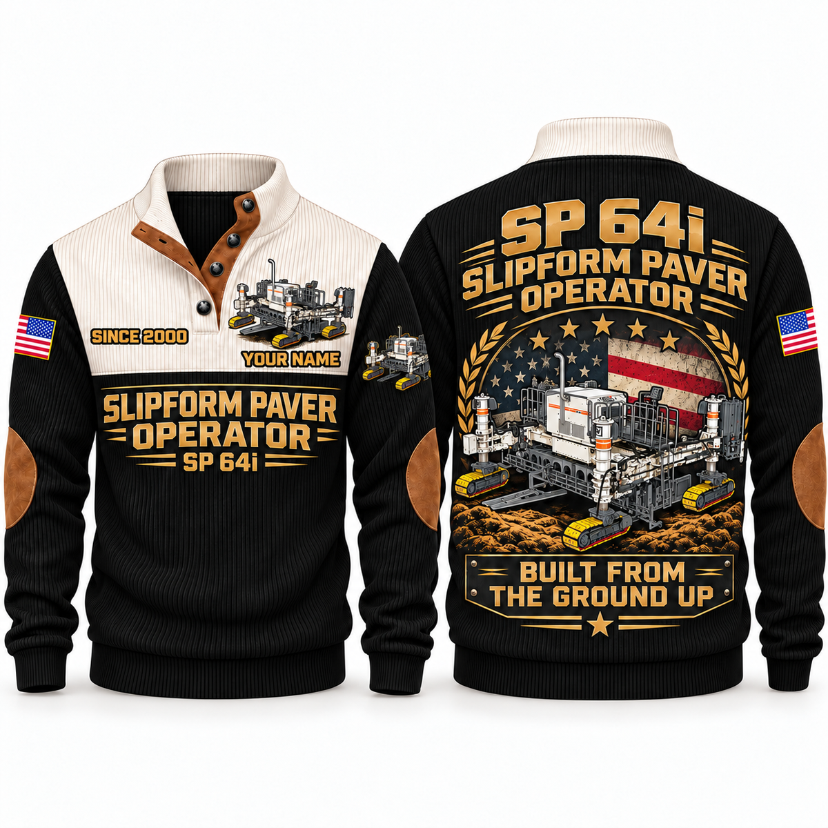 SP 64i Concrete/Slipform Paver Operator Sports Sweatshirt in Black, front and back views, sample YOUR NAME and SINCE 2000 personalization