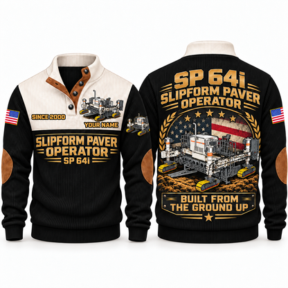 SP 64i Concrete/Slipform Paver Operator Sports Sweatshirt in Black, front and back views, sample YOUR NAME and SINCE 2000 personalization