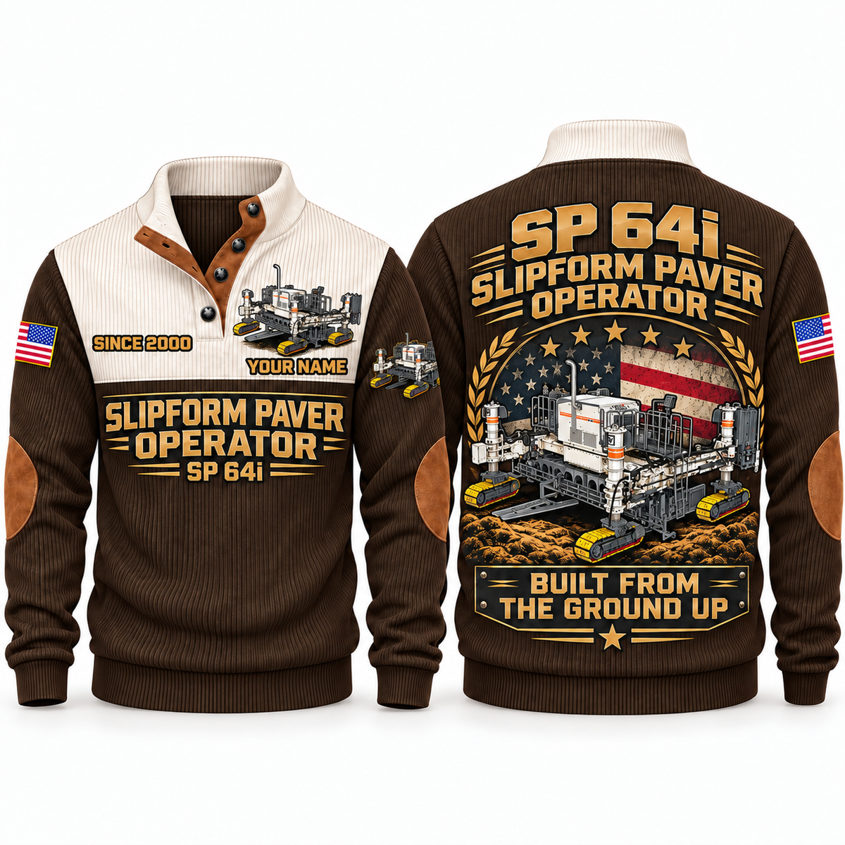 SP 64i Concrete/Slipform Paver Operator Sports Sweatshirt in Brown, front and back views, sample YOUR NAME and SINCE 2000 personalization
