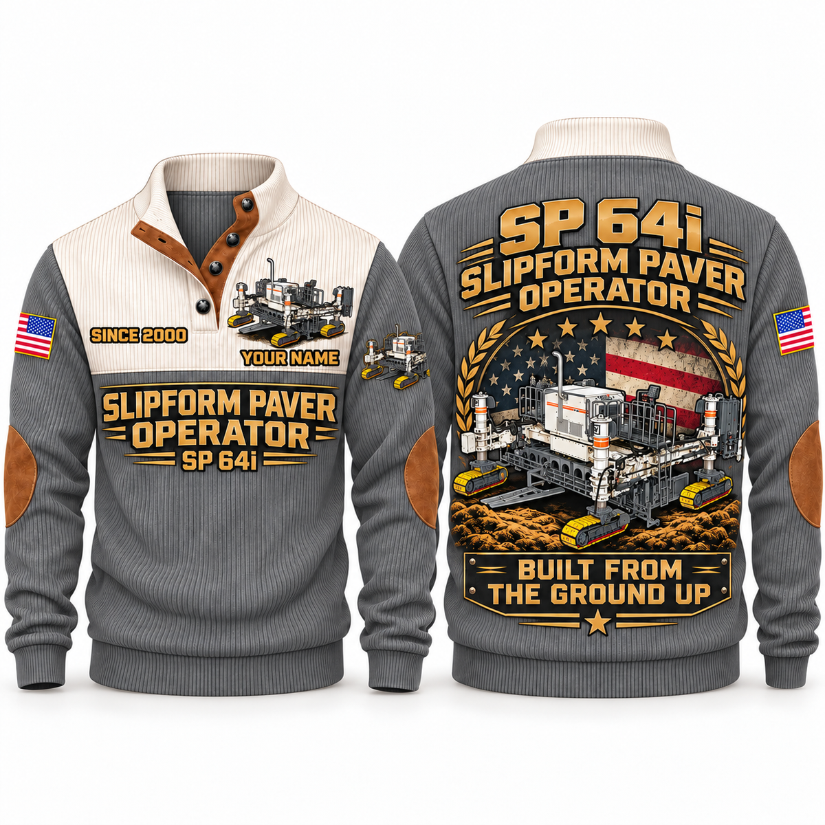 SP 64i Concrete/Slipform Paver Operator Sports Sweatshirt in Grey, front and back views, sample YOUR NAME and SINCE 2000 personalization