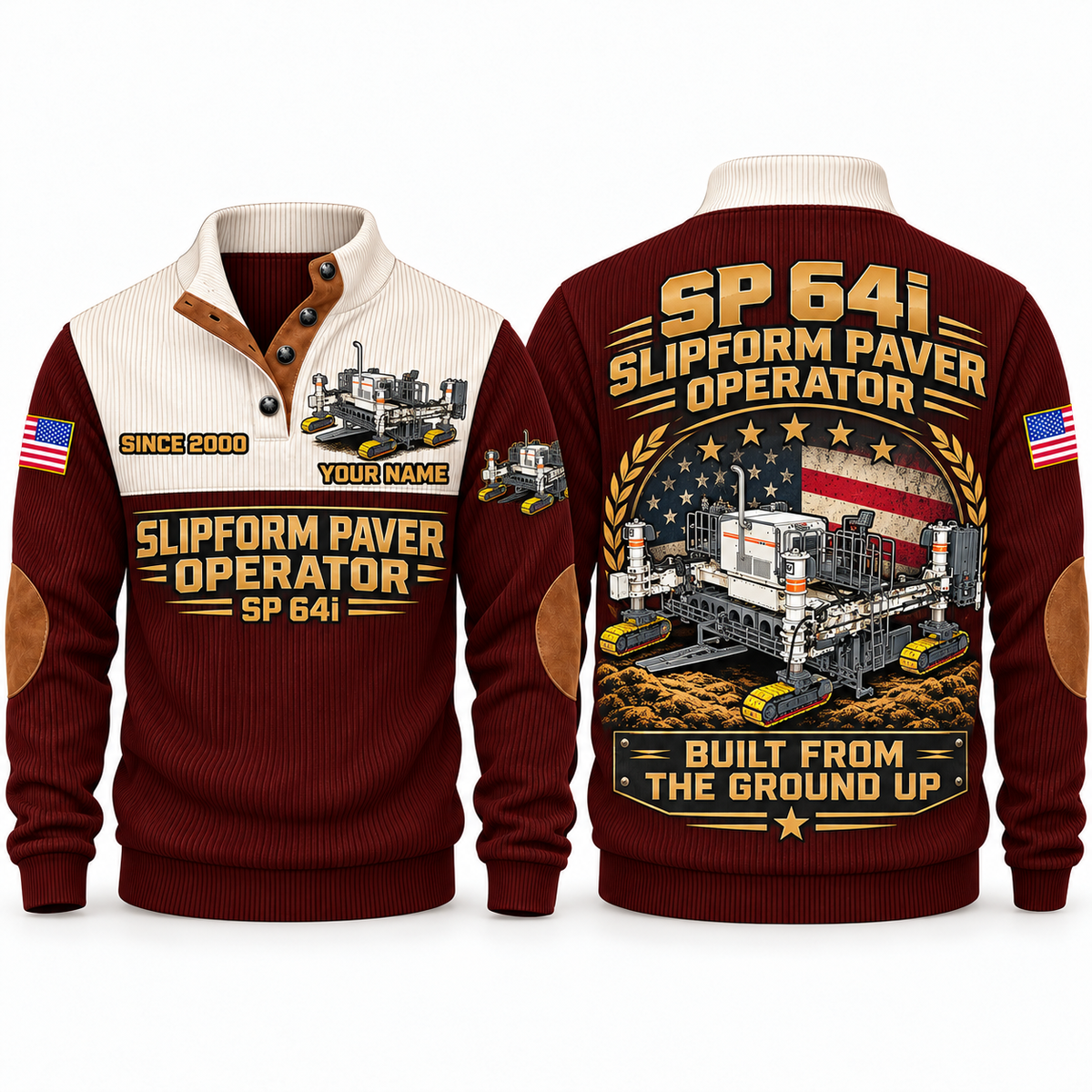 SP 64i Concrete/Slipform Paver Operator Sports Sweatshirt in Jujube Red, front and back views, sample YOUR NAME and SINCE 2000 personalization