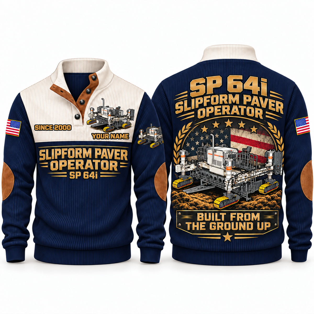 SP 64i Concrete/Slipform Paver Operator Sports Sweatshirt in Navy, front and back views, sample YOUR NAME and SINCE 2000 personalization