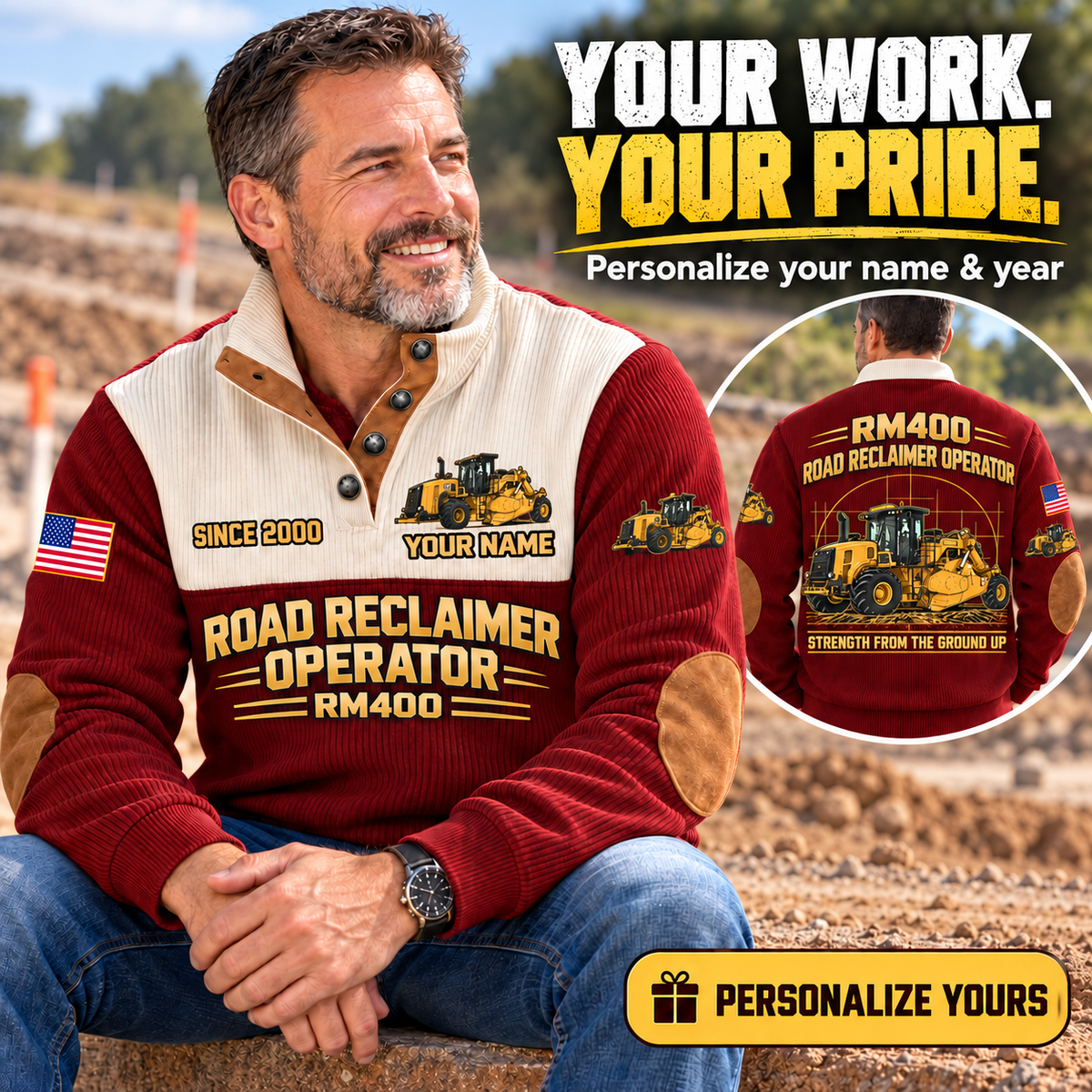 Personalized RM400 Road Reclaimer Operator Sports Sweatshirt in Jujube Red, dedicated lifestyle featured image showing front and back artwork, personalized YOUR NAME and SINCE 2000