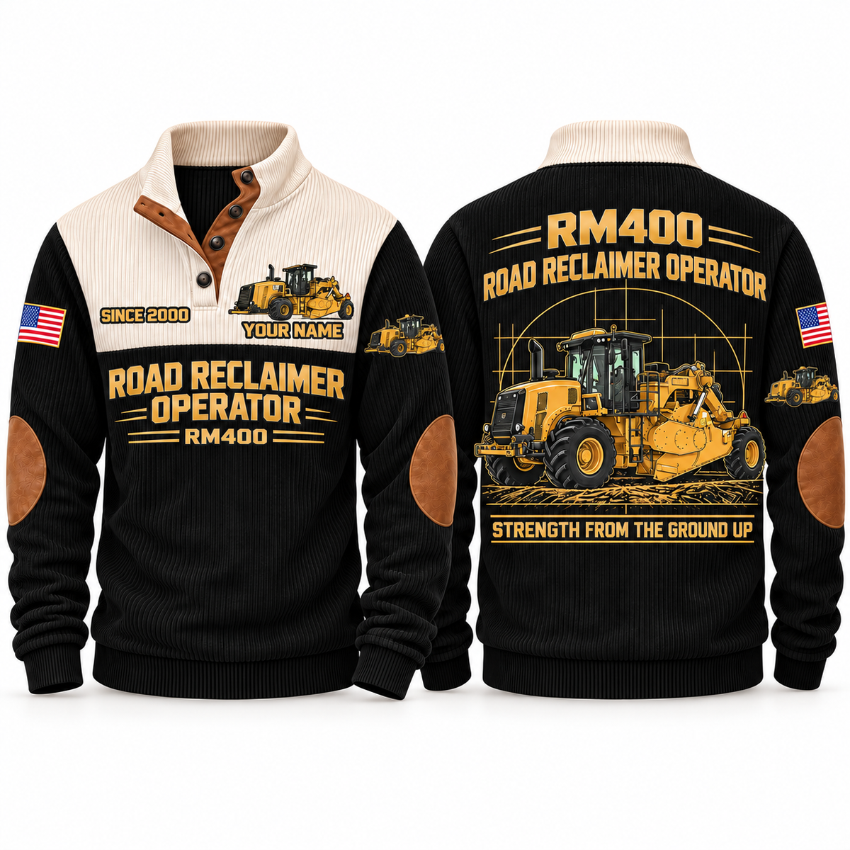 RM400 Road Reclaimer/Soil Stabilizer Operator Sports Sweatshirt in Black, front and back views, sample YOUR NAME and SINCE 2000 personalization