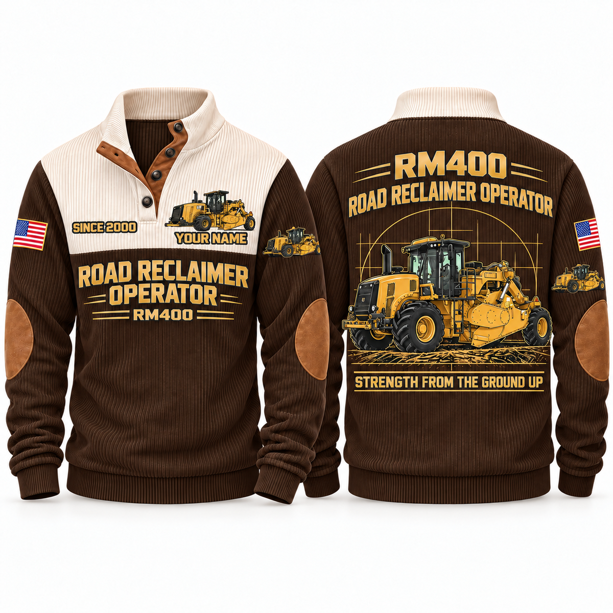 RM400 Road Reclaimer/Soil Stabilizer Operator Sports Sweatshirt in Brown, front and back views, sample YOUR NAME and SINCE 2000 personalization