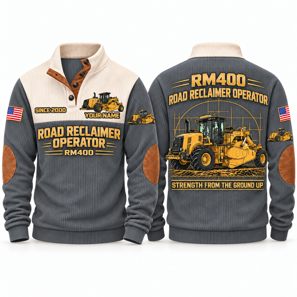 RM400 Road Reclaimer/Soil Stabilizer Operator Sports Sweatshirt in Grey, front and back views, sample YOUR NAME and SINCE 2000 personalization