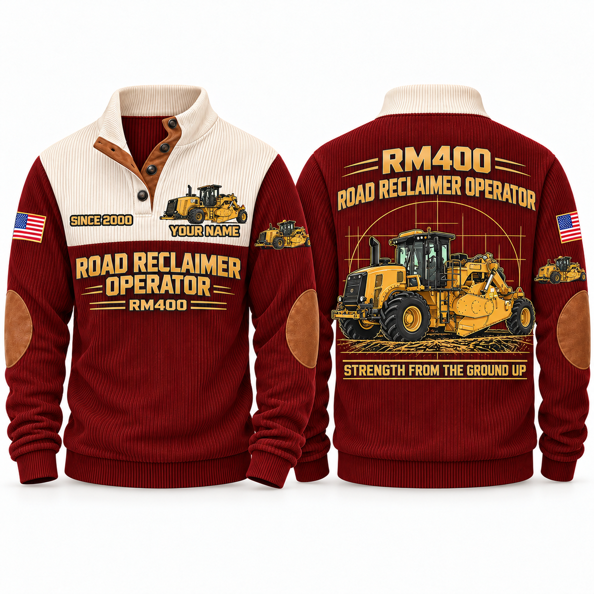 RM400 Road Reclaimer/Soil Stabilizer Operator Sports Sweatshirt in Jujube Red, front and back views, sample YOUR NAME and SINCE 2000 personalization