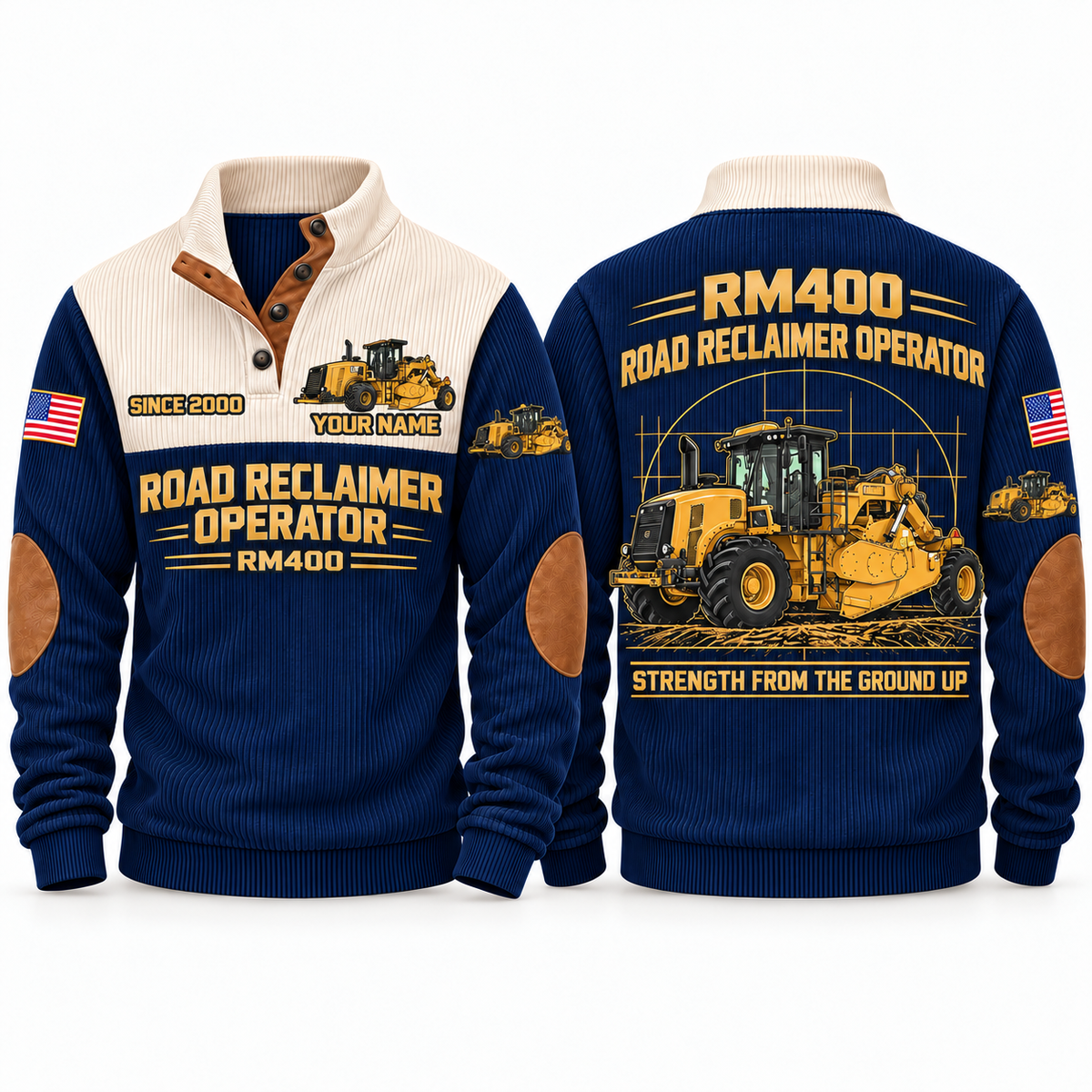 RM400 Road Reclaimer/Soil Stabilizer Operator Sports Sweatshirt in Navy, front and back views, sample YOUR NAME and SINCE 2000 personalization