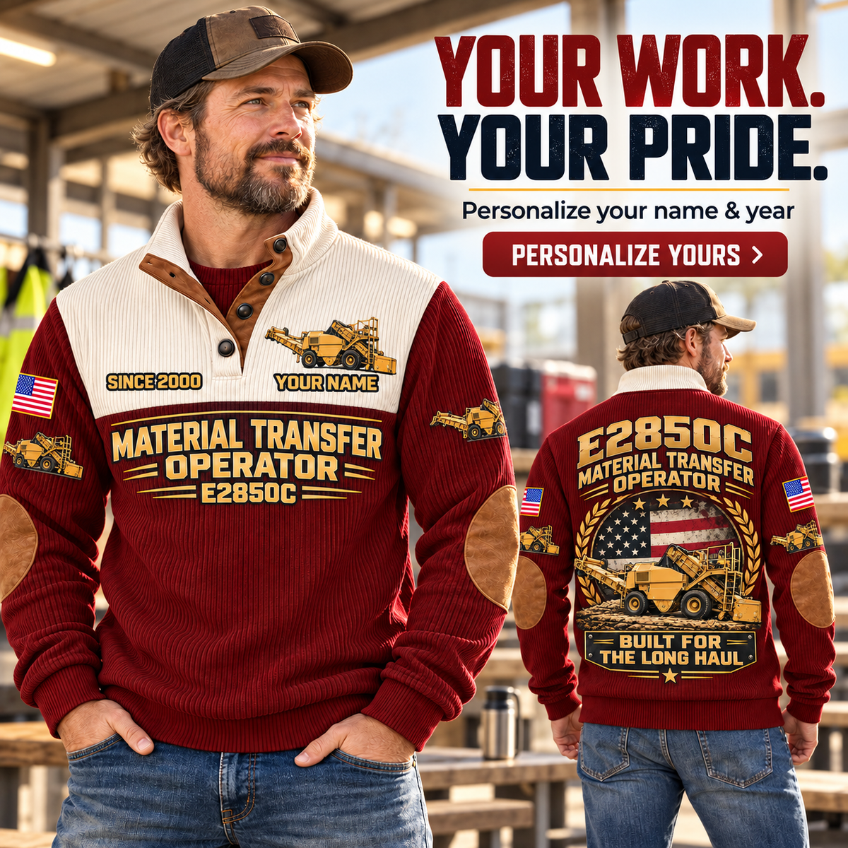 Personalized E2850C Material Transfer Vehicle Operator Sports Sweatshirt in Jujube Red, dedicated lifestyle featured image showing front and back artwork, personalized YOUR NAME and SINCE 2000