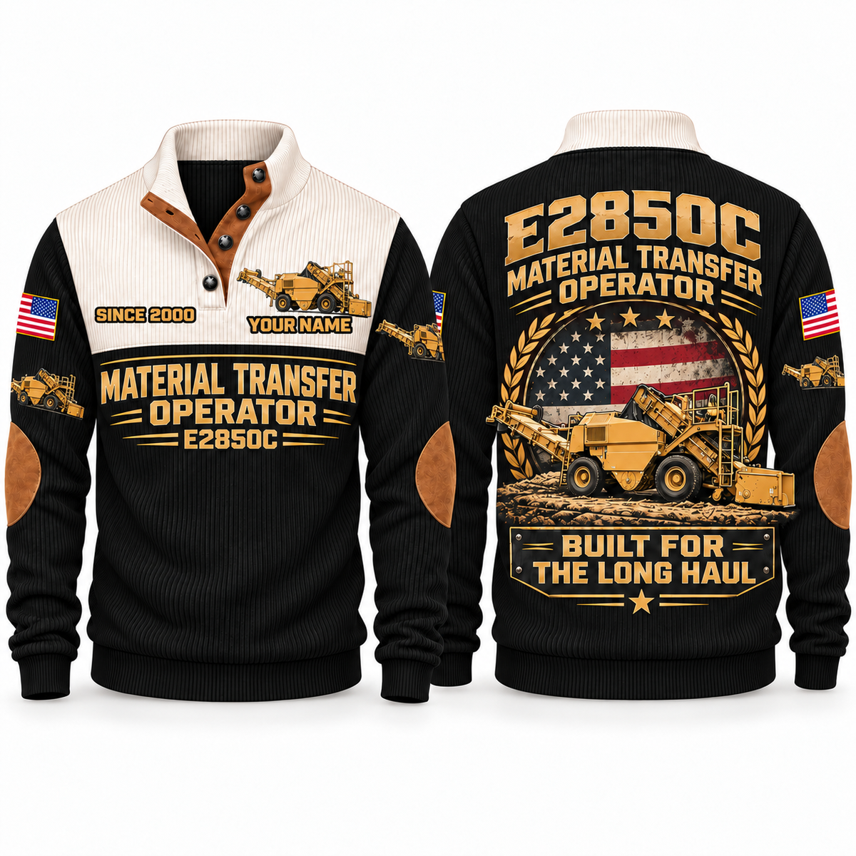 E2850C Material Transfer Vehicle Operator Sports Sweatshirt in Black, front and back views, sample YOUR NAME and SINCE 2000 personalization