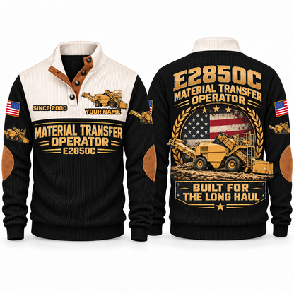 E2850C Material Transfer Vehicle Operator Sports Sweatshirt in Black, front and back views, sample YOUR NAME and SINCE 2000 personalization
