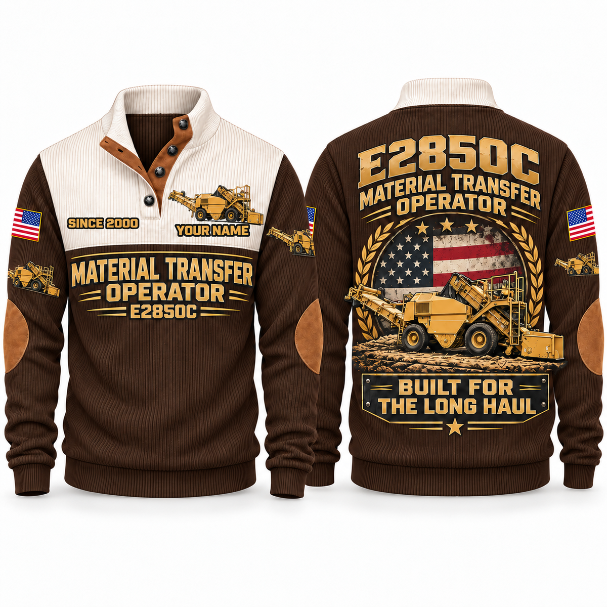E2850C Material Transfer Vehicle Operator Sports Sweatshirt in Brown, front and back views, sample YOUR NAME and SINCE 2000 personalization