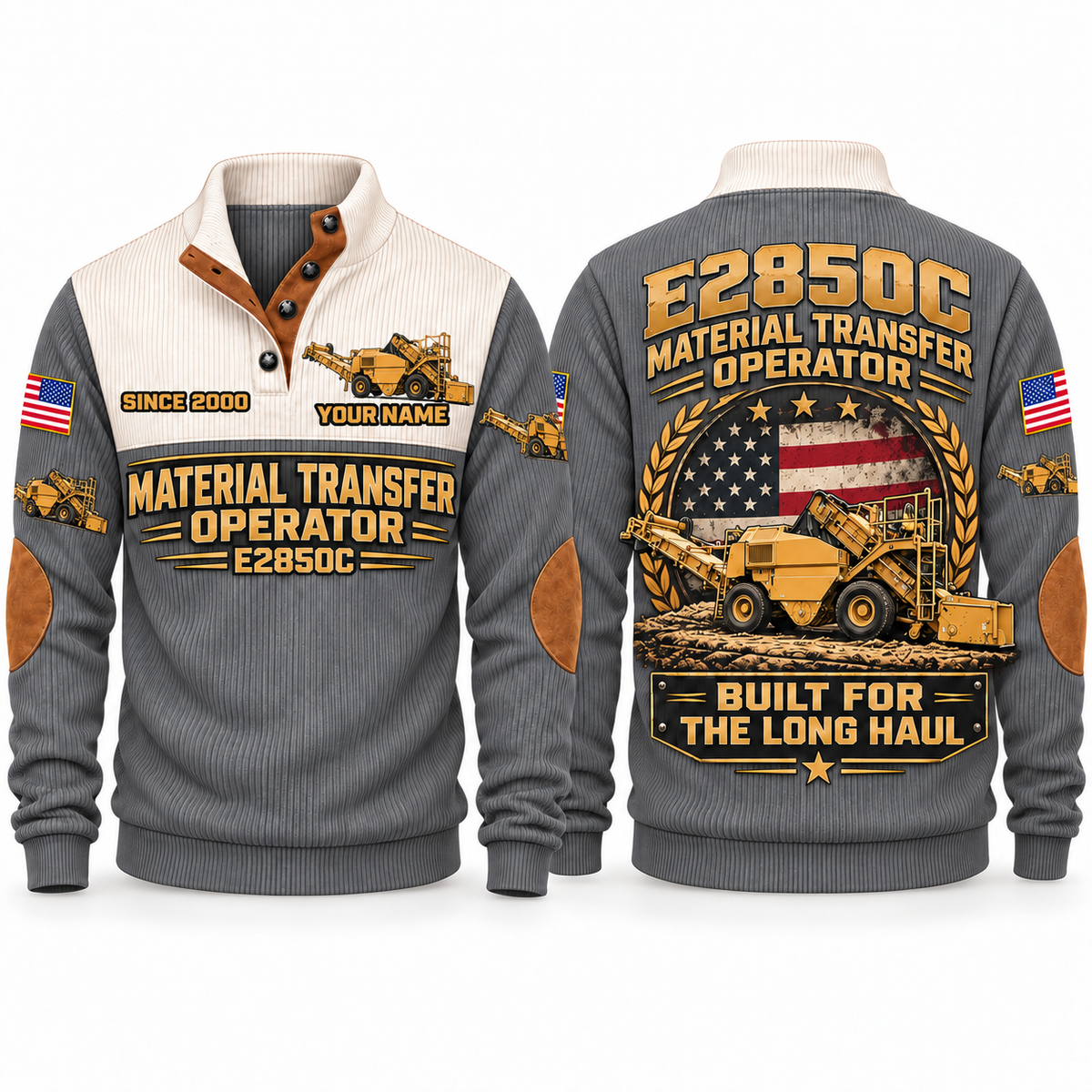 E2850C Material Transfer Vehicle Operator Sports Sweatshirt in Grey, front and back views, sample YOUR NAME and SINCE 2000 personalization