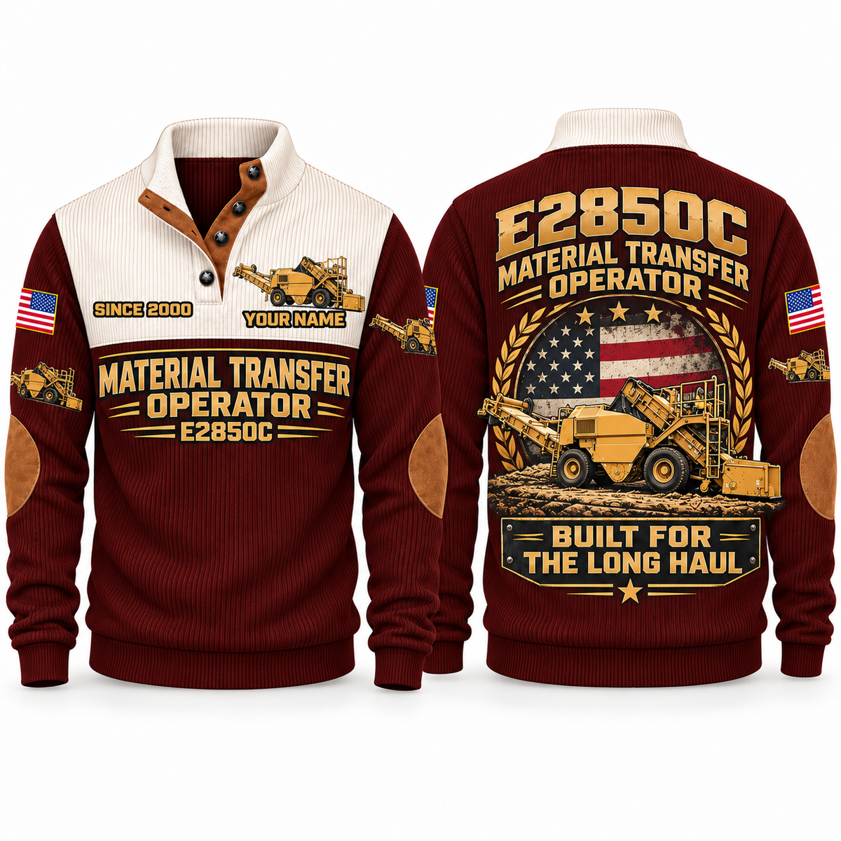 E2850C Material Transfer Vehicle Operator Sports Sweatshirt in Jujube Red, front and back views, sample YOUR NAME and SINCE 2000 personalization