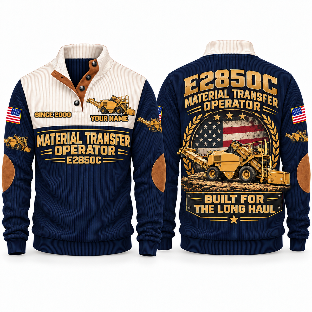 E2850C Material Transfer Vehicle Operator Sports Sweatshirt in Navy, front and back views, sample YOUR NAME and SINCE 2000 personalization