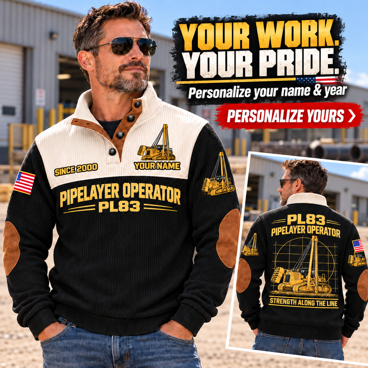 Personalized PL83 Pipelayer Operator Sports Sweatshirt in Black, dedicated lifestyle featured image showing front and back artwork, personalized YOUR NAME and SINCE 2000