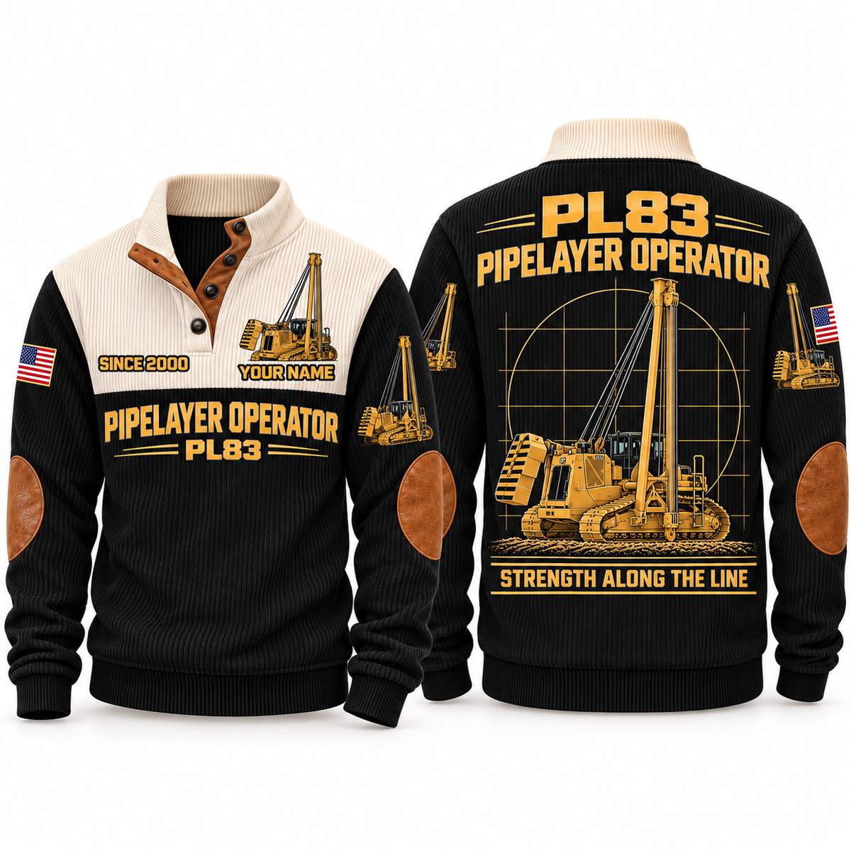 PL83 Pipelayer/Sideboom Operator Sports Sweatshirt in Black, front and back views, sample YOUR NAME and SINCE 2000 personalization