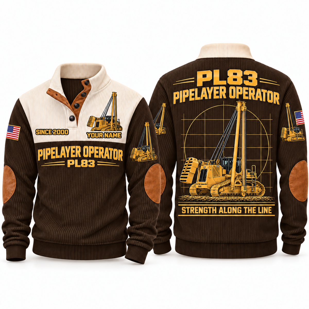 PL83 Pipelayer/Sideboom Operator Sports Sweatshirt in Brown, front and back views, sample YOUR NAME and SINCE 2000 personalization