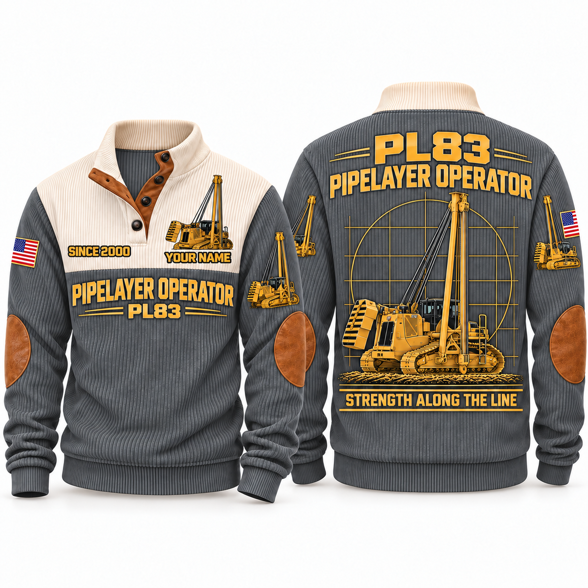 PL83 Pipelayer/Sideboom Operator Sports Sweatshirt in Grey, front and back views, sample YOUR NAME and SINCE 2000 personalization
