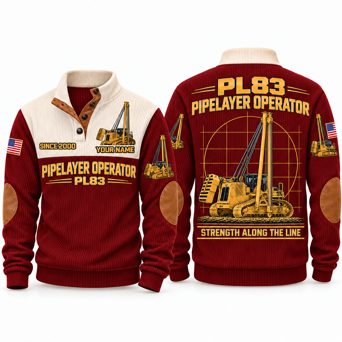 PL83 Pipelayer/Sideboom Operator Sports Sweatshirt in Jujube Red, front and back views, sample YOUR NAME and SINCE 2000 personalization