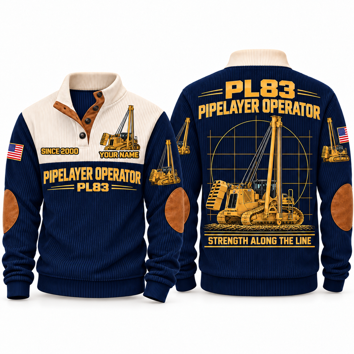 PL83 Pipelayer/Sideboom Operator Sports Sweatshirt in Navy, front and back views, sample YOUR NAME and SINCE 2000 personalization