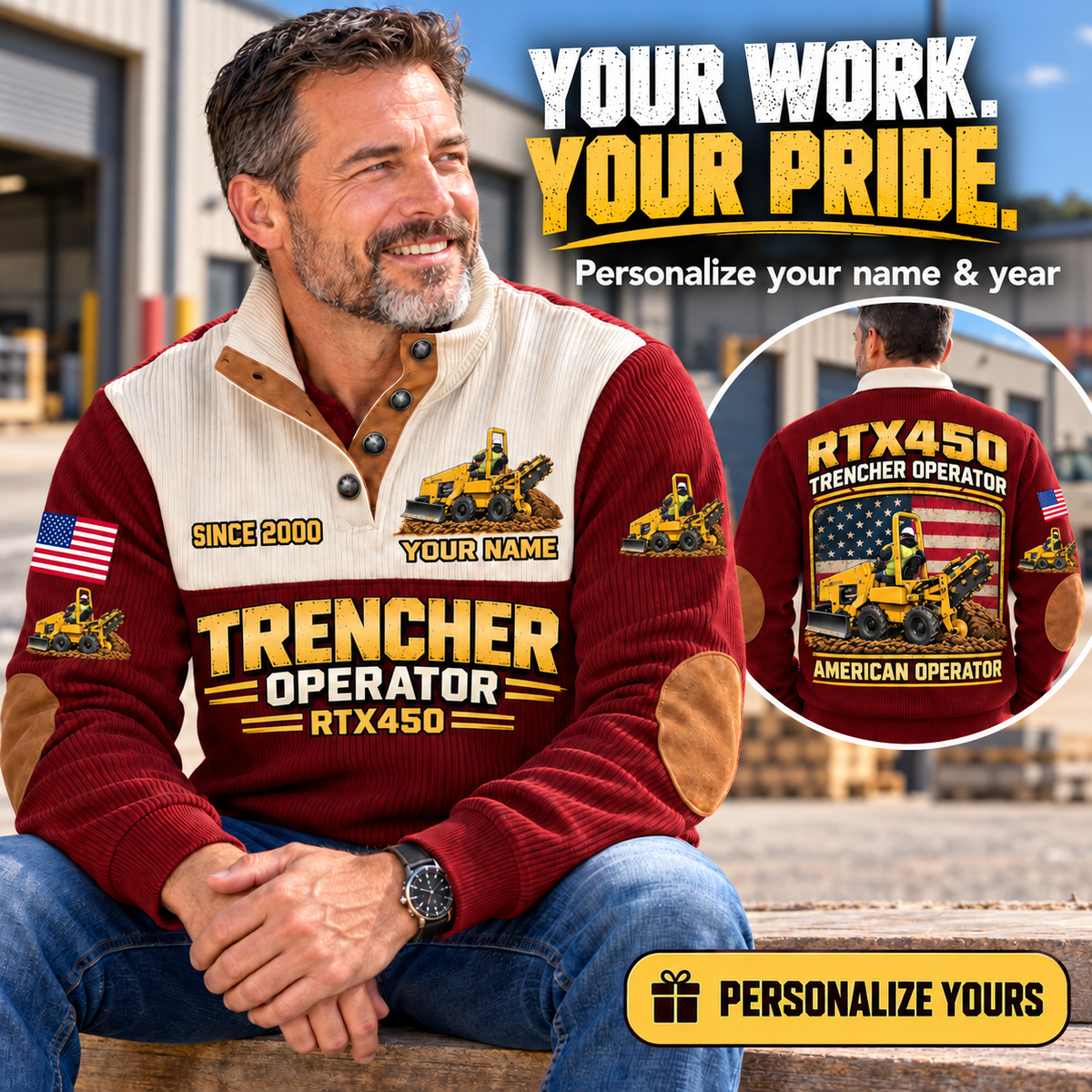 Personalized RTX450 Trencher Operator Sports Sweatshirt in Jujube Red, dedicated lifestyle featured image showing front and back artwork, personalized YOUR NAME and SINCE 2000