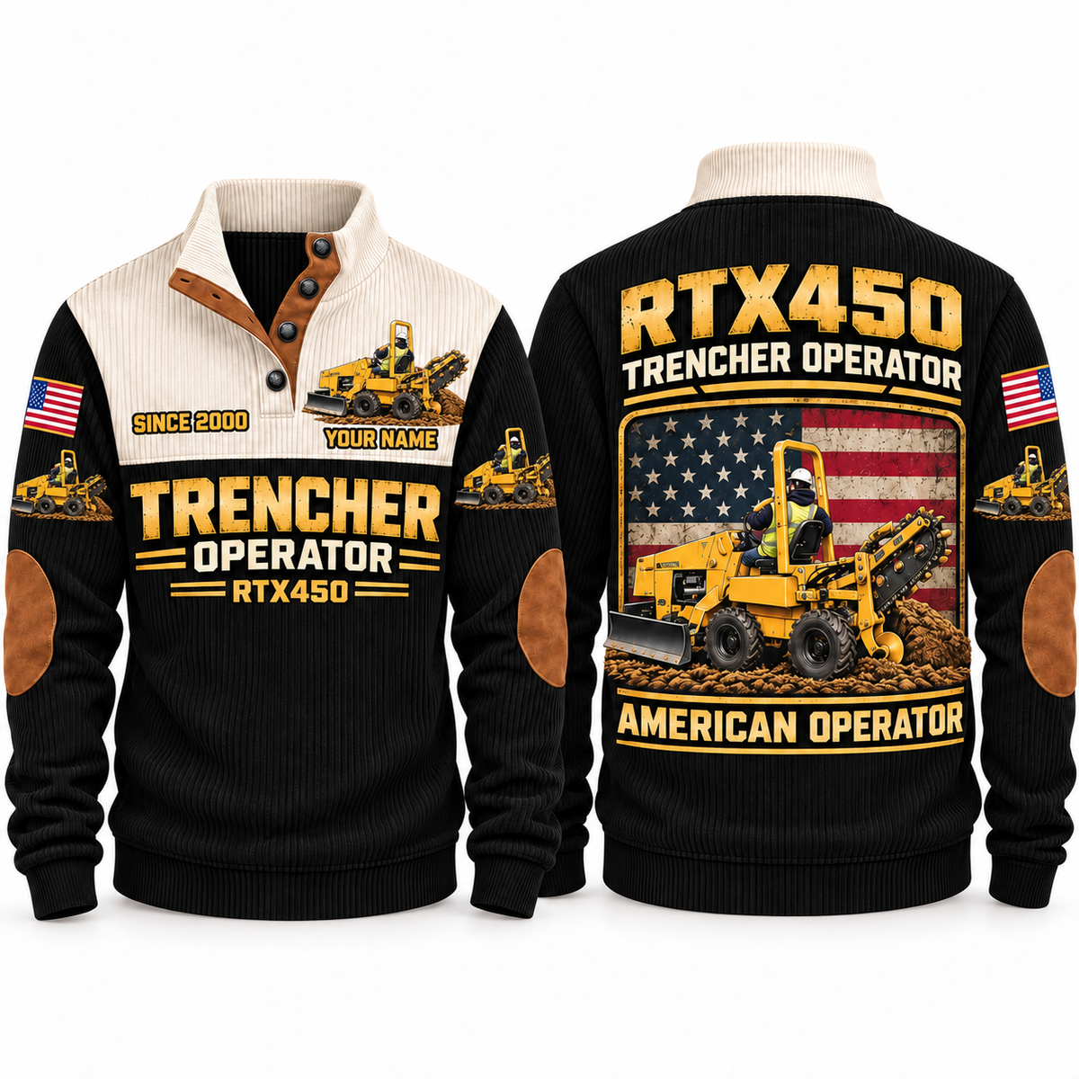 RTX450 Trencher Operator Sports Sweatshirt in Black, front and back views, sample YOUR NAME and SINCE 2000 personalization
