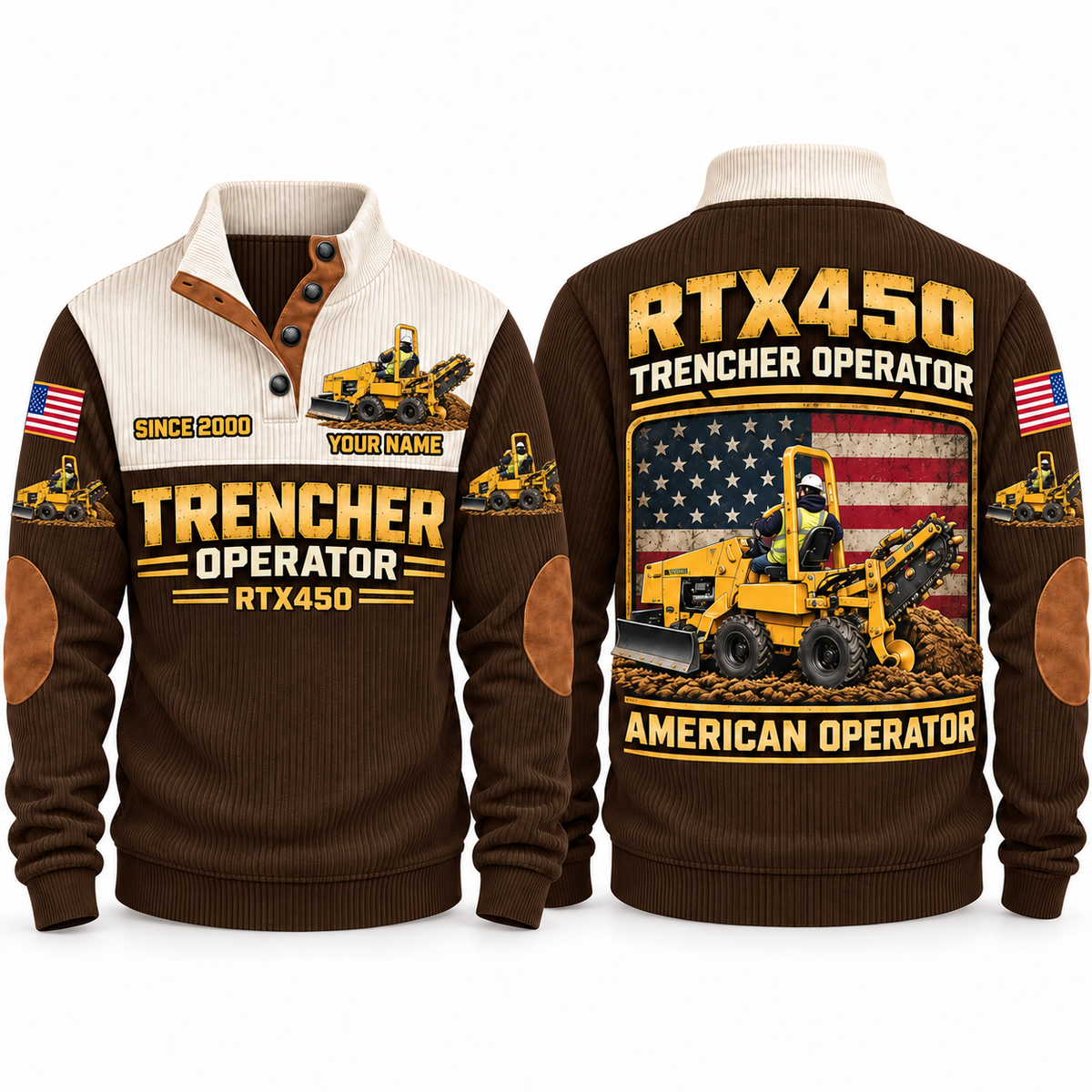 RTX450 Trencher Operator Sports Sweatshirt in Brown, front and back views, sample YOUR NAME and SINCE 2000 personalization