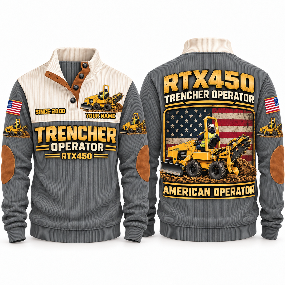 RTX450 Trencher Operator Sports Sweatshirt in Grey, front and back views, sample YOUR NAME and SINCE 2000 personalization