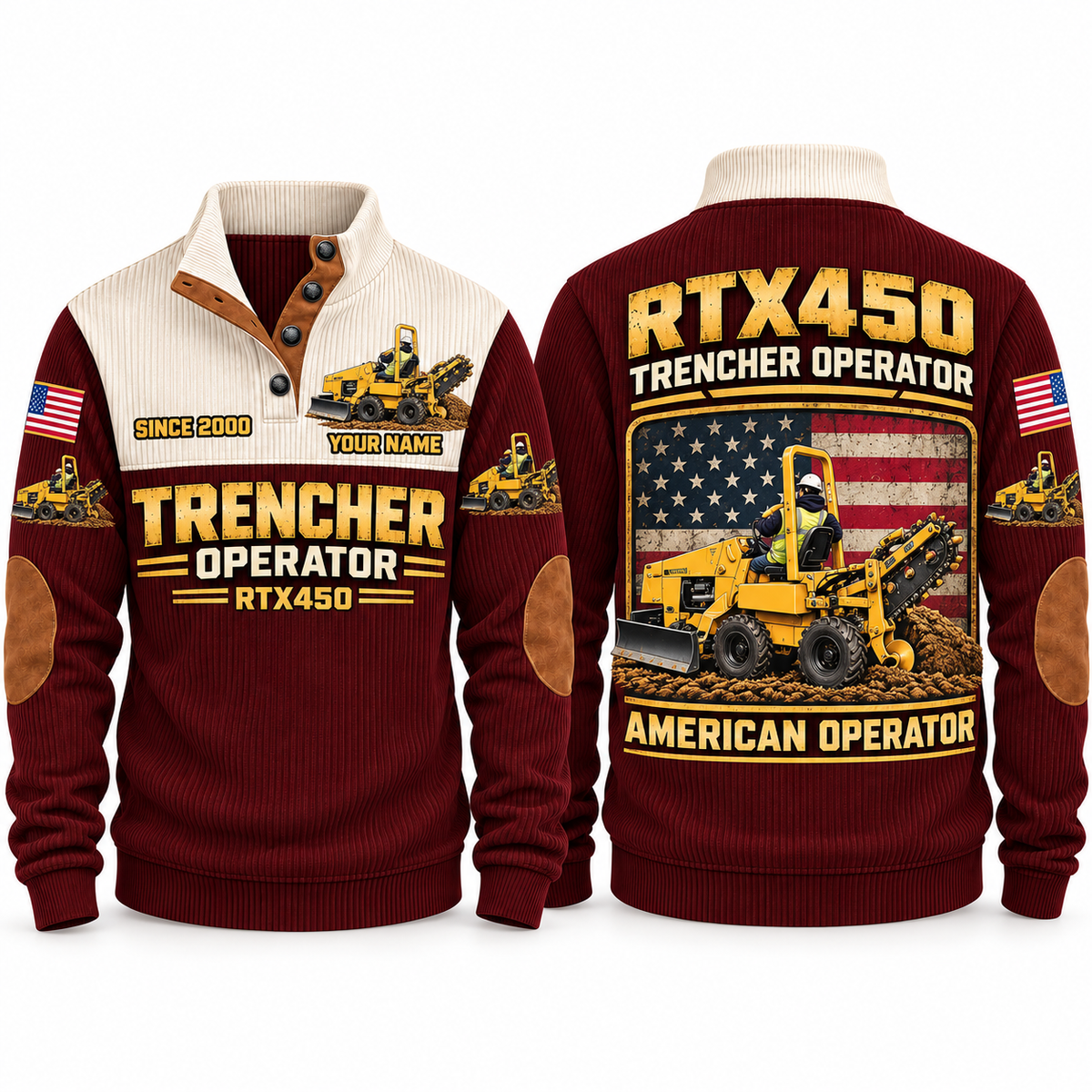 RTX450 Trencher Operator Sports Sweatshirt in Jujube Red, front and back views, sample YOUR NAME and SINCE 2000 personalization