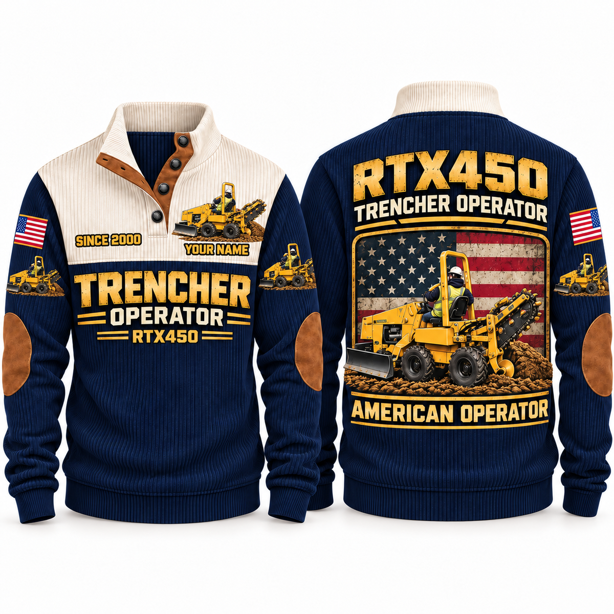 RTX450 Trencher Operator Sports Sweatshirt in Navy, front and back views, sample YOUR NAME and SINCE 2000 personalization