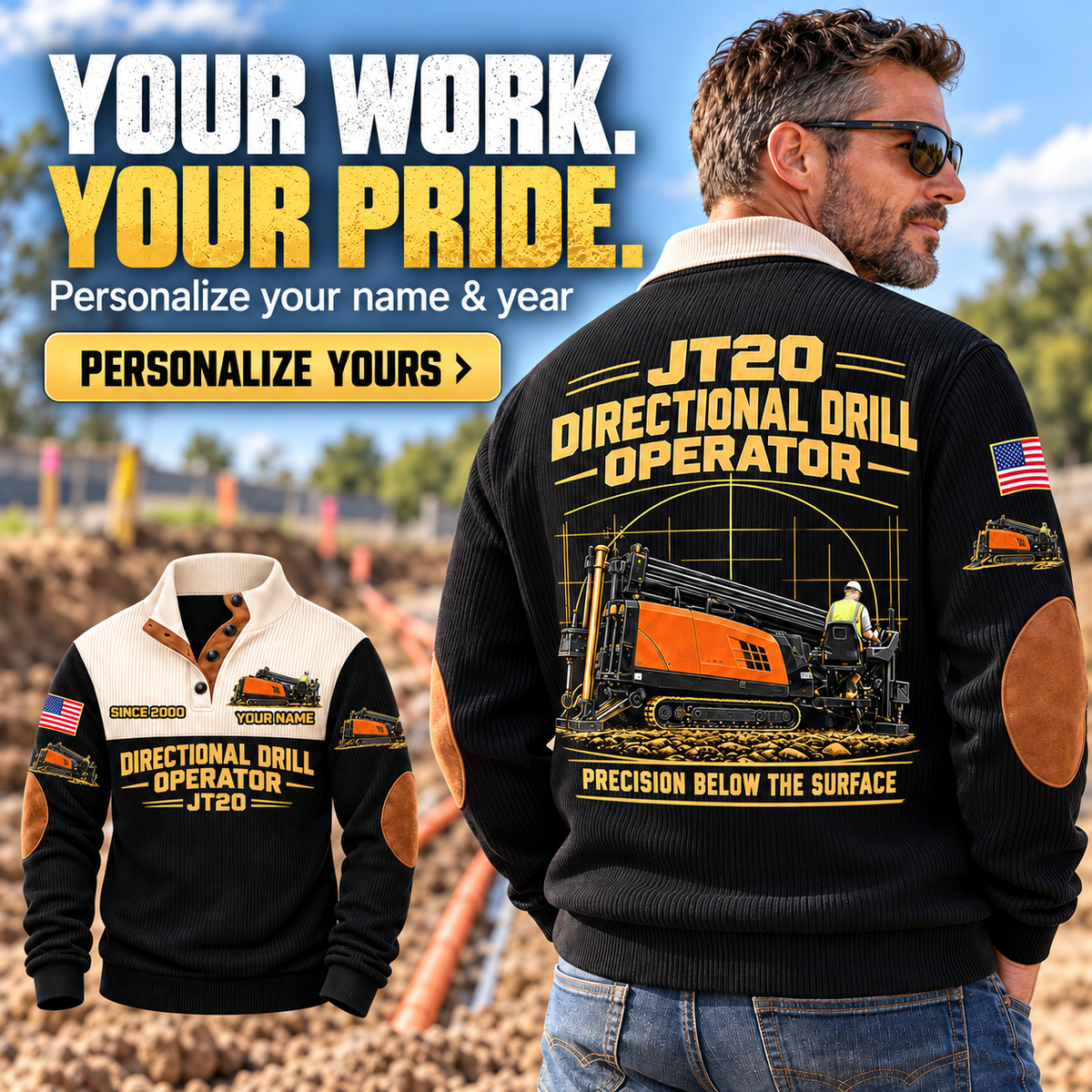 Personalized Ditch Witch JT20 HDD Directional Drill Sports Sweatshirt in Black, dedicated lifestyle featured image showing front and back artwork, personalized YOUR NAME and SINCE 2000