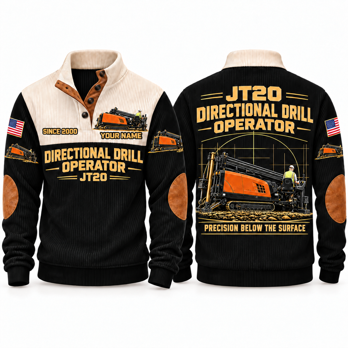 JT20 HDD/Directional Drill Operator Sports Sweatshirt in Black, front and back views, sample YOUR NAME and SINCE 2000 personalization
