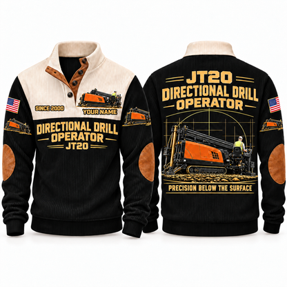 JT20 HDD/Directional Drill Operator Sports Sweatshirt in Black, front and back views, sample YOUR NAME and SINCE 2000 personalization