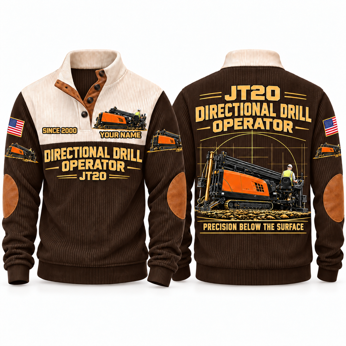 JT20 HDD/Directional Drill Operator Sports Sweatshirt in Brown, front and back views, sample YOUR NAME and SINCE 2000 personalization
