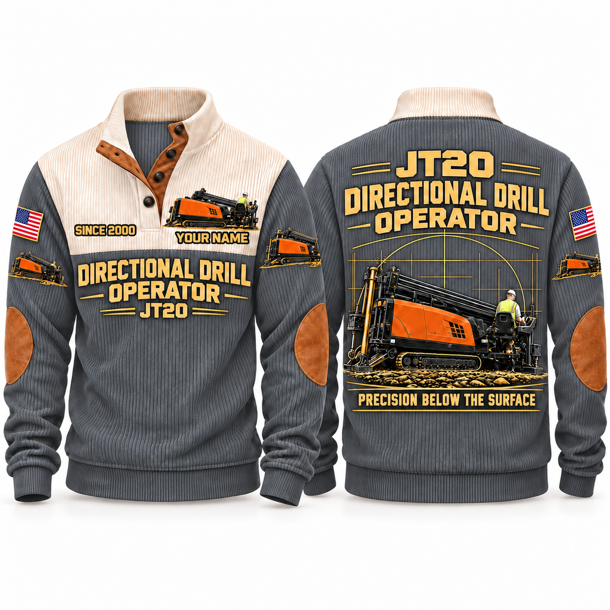 JT20 HDD/Directional Drill Operator Sports Sweatshirt in Grey, front and back views, sample YOUR NAME and SINCE 2000 personalization