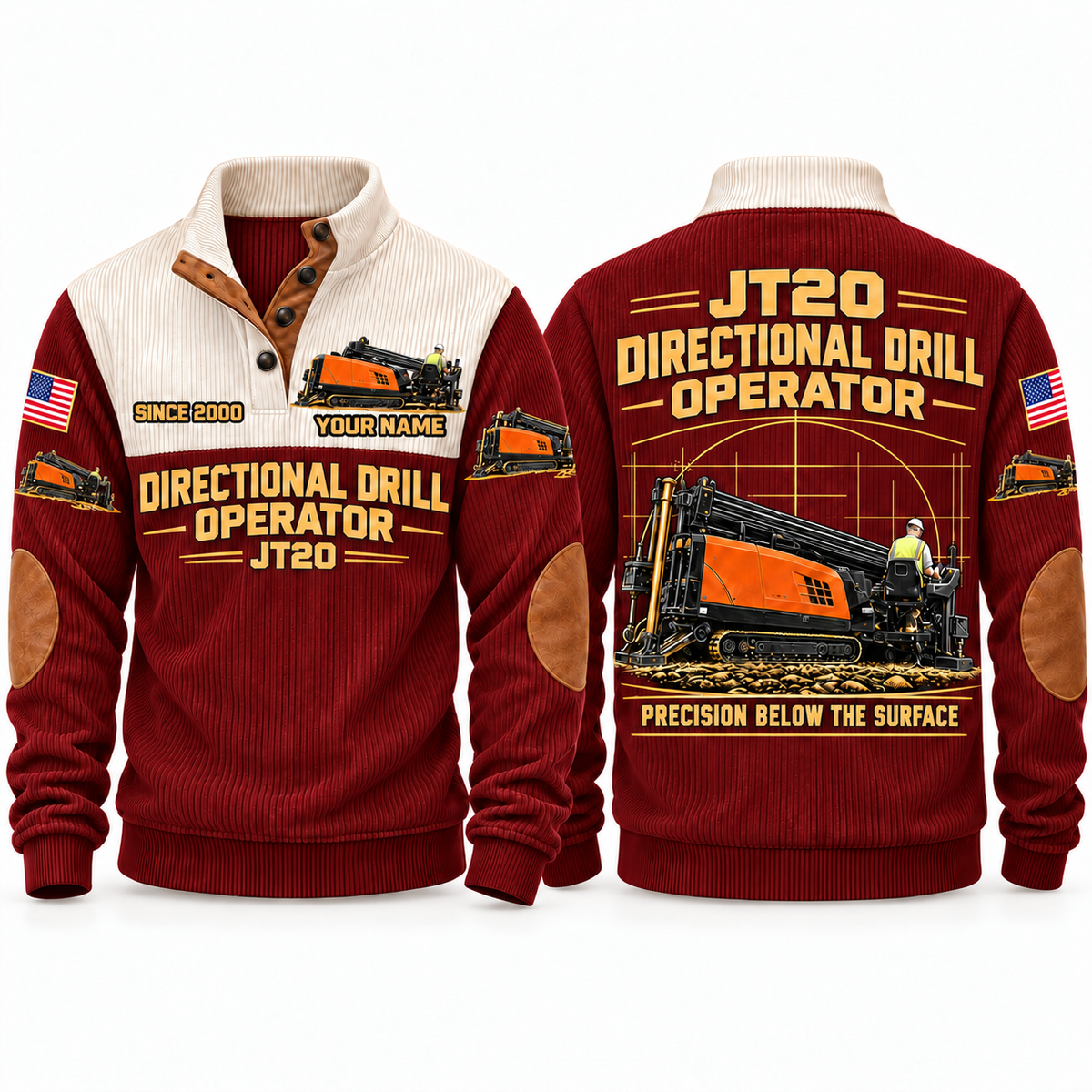 JT20 HDD/Directional Drill Operator Sports Sweatshirt in Jujube Red, front and back views, sample YOUR NAME and SINCE 2000 personalization