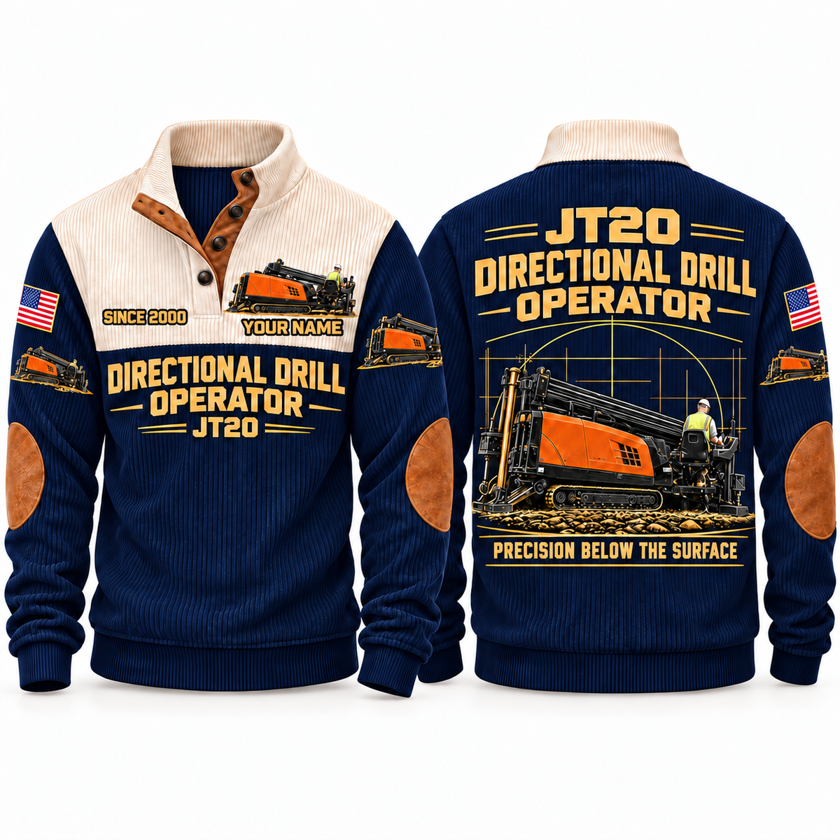 JT20 HDD/Directional Drill Operator Sports Sweatshirt in Navy, front and back views, sample YOUR NAME and SINCE 2000 personalization